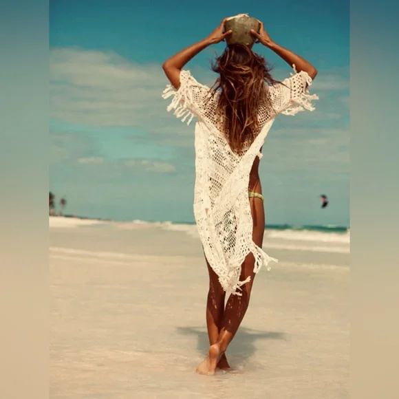 Anna Kosturova x Free People Handmade crochet Tassel Maxi Kimono Swim Coverup - Picture 4 of 9